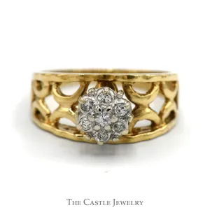 7 Diamond Flower Cluster Ring with Open Lattice Sides in 10k Yellow Gold