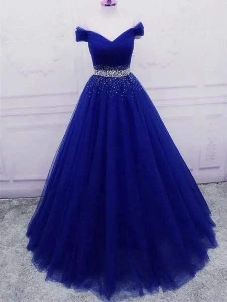 A Line Off the Shoulder Tulle Purple Prom Dresses with Beaded