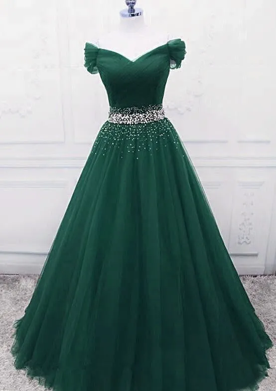 A Line Off the Shoulder Tulle Purple Prom Dresses with Beaded