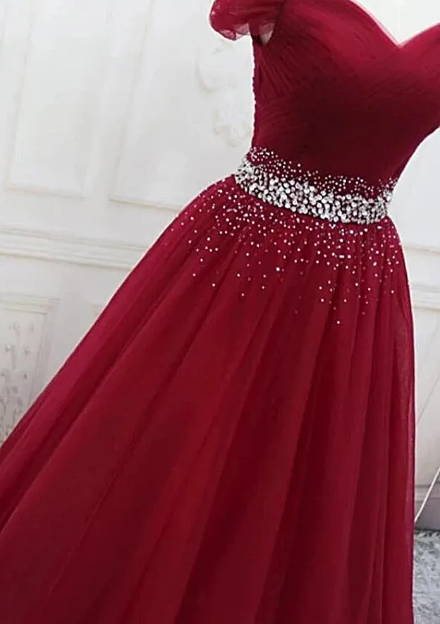 A Line Off the Shoulder Tulle Purple Prom Dresses with Beaded