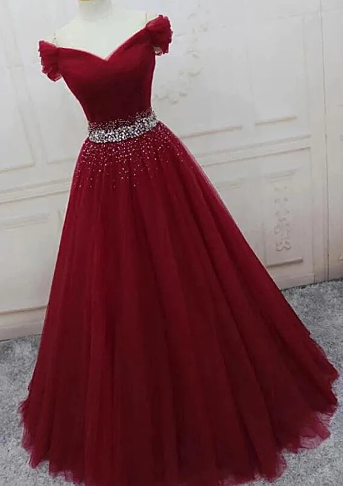 A Line Off the Shoulder Tulle Purple Prom Dresses with Beaded