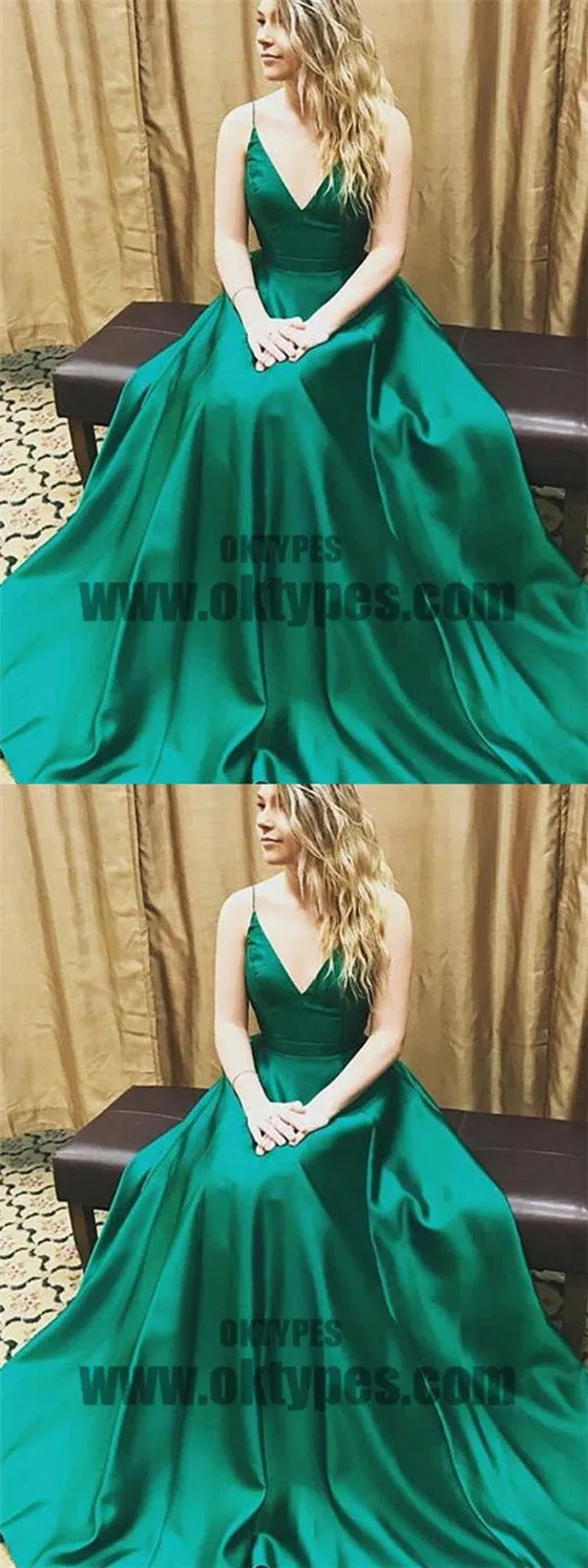 A-line Prom Dresses, V-neck Simple Long Prom Dresses, Sexy Evening Dresses, TYP0696