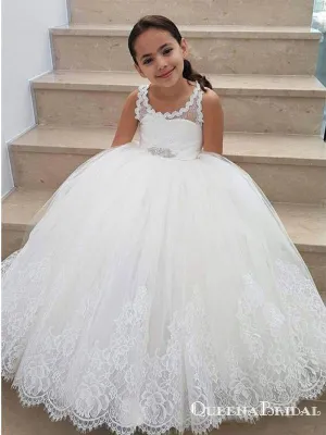 A-Line Scoop Neck White Floor Length Flower Girl Dresses with Appliques, QB0827