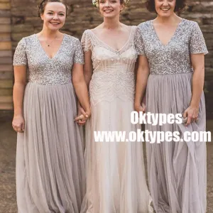A-Line V-Neck Short Sleeves Grey Tulle Bridesmaid Dress with Sequins, TYP0911