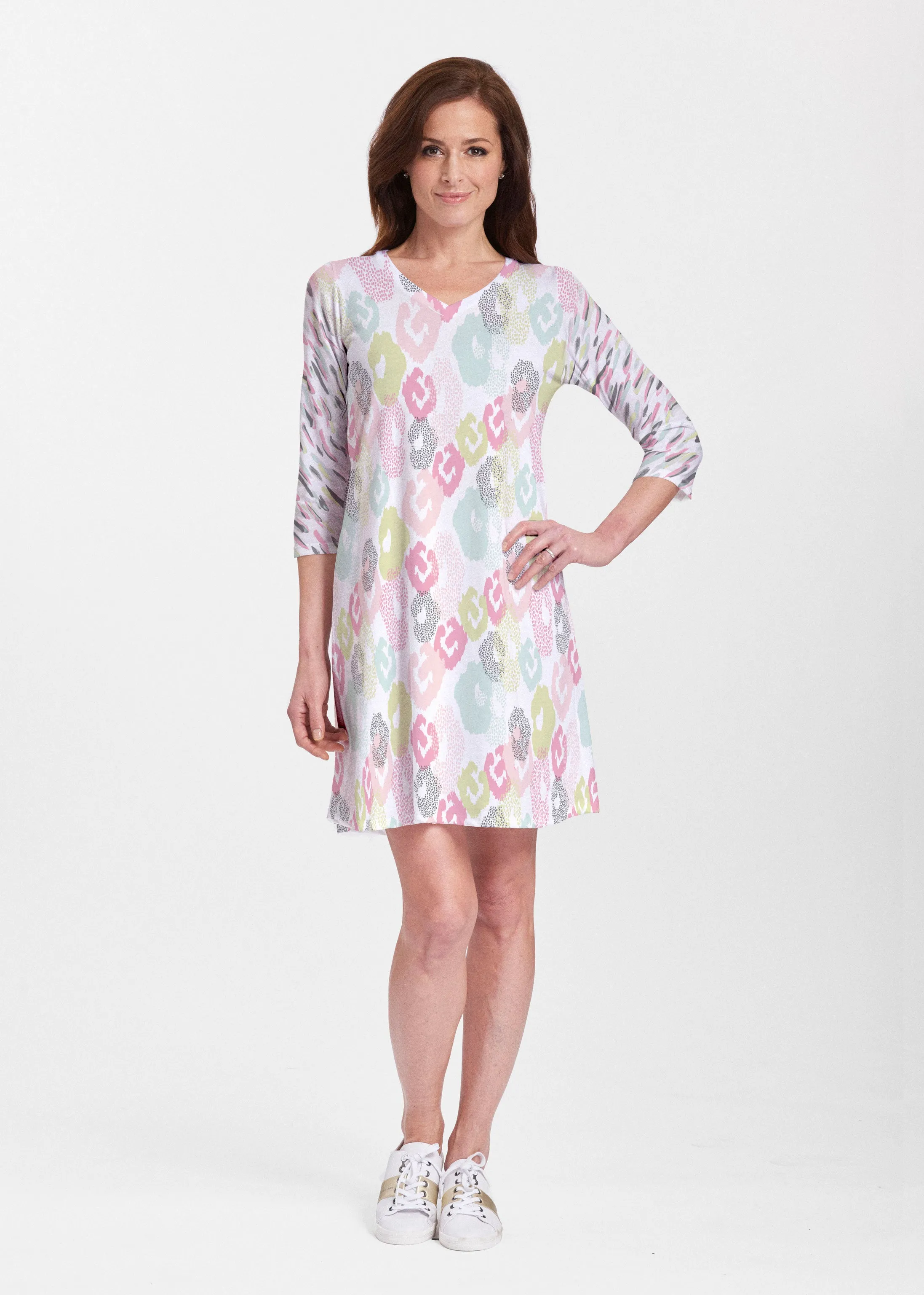 Abstract Pastel Ikat (7813) ~ Classic V-neck Swing Dress