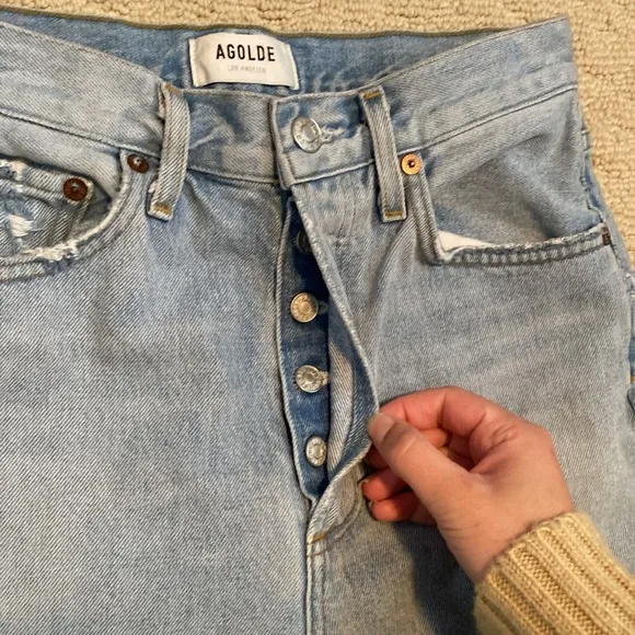 Agolde Riley High Rise straight crop button fly distressed jeans size 25
