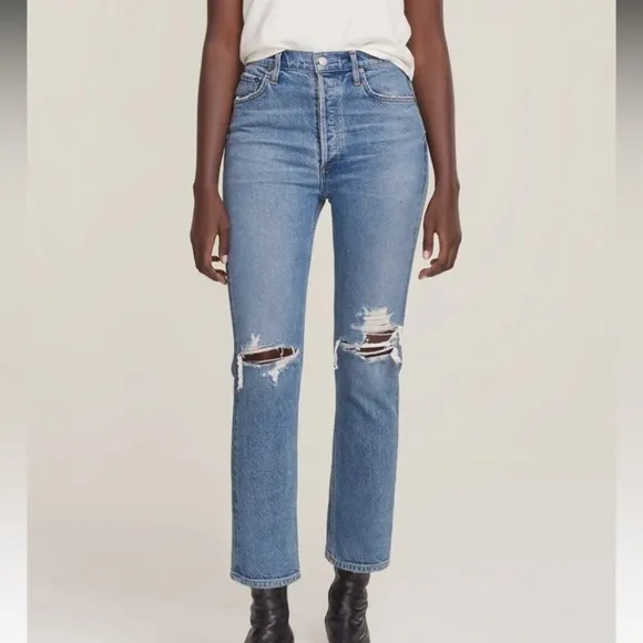 Agolde Riley High Rise straight crop button fly distressed jeans size 25