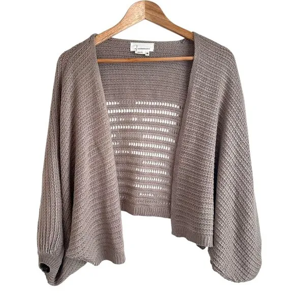 Anthropologie Tan Balloon Sleeve Open Front Crop Cardigan Sweater One Size