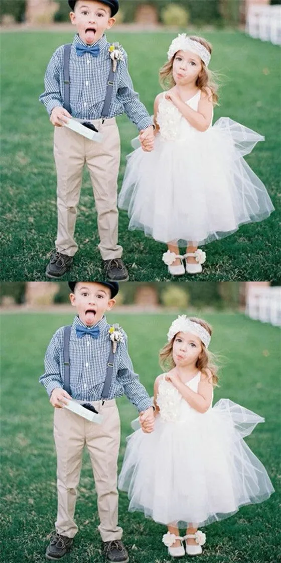 Ball Gown Round Neck White Tulle Cheap Flower Girl Dresses with Appliques, QB0226