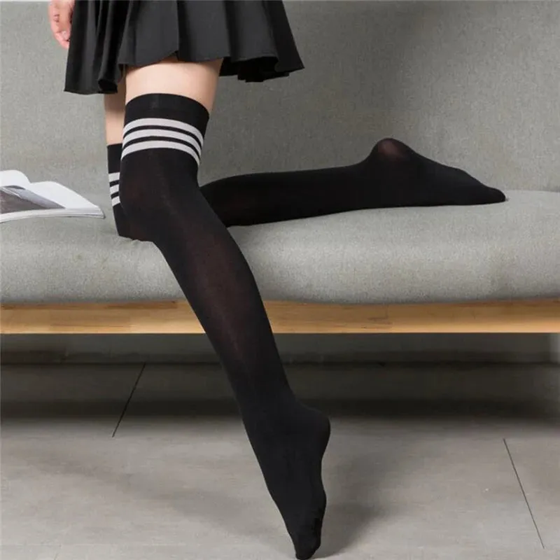 Black and White Striped Thigh High Socks for Women