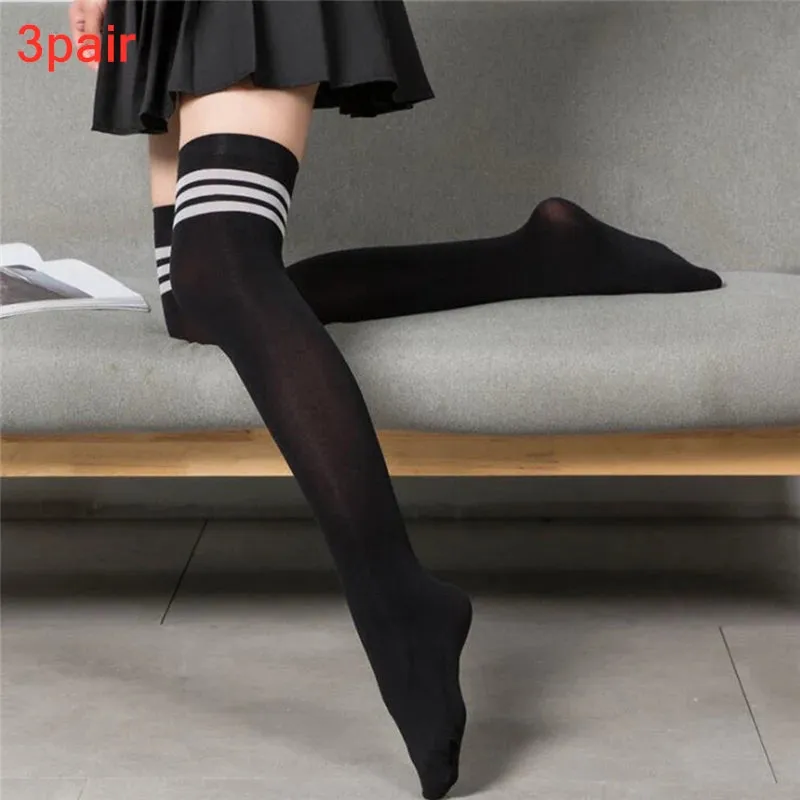 Black and White Striped Thigh High Socks for Women