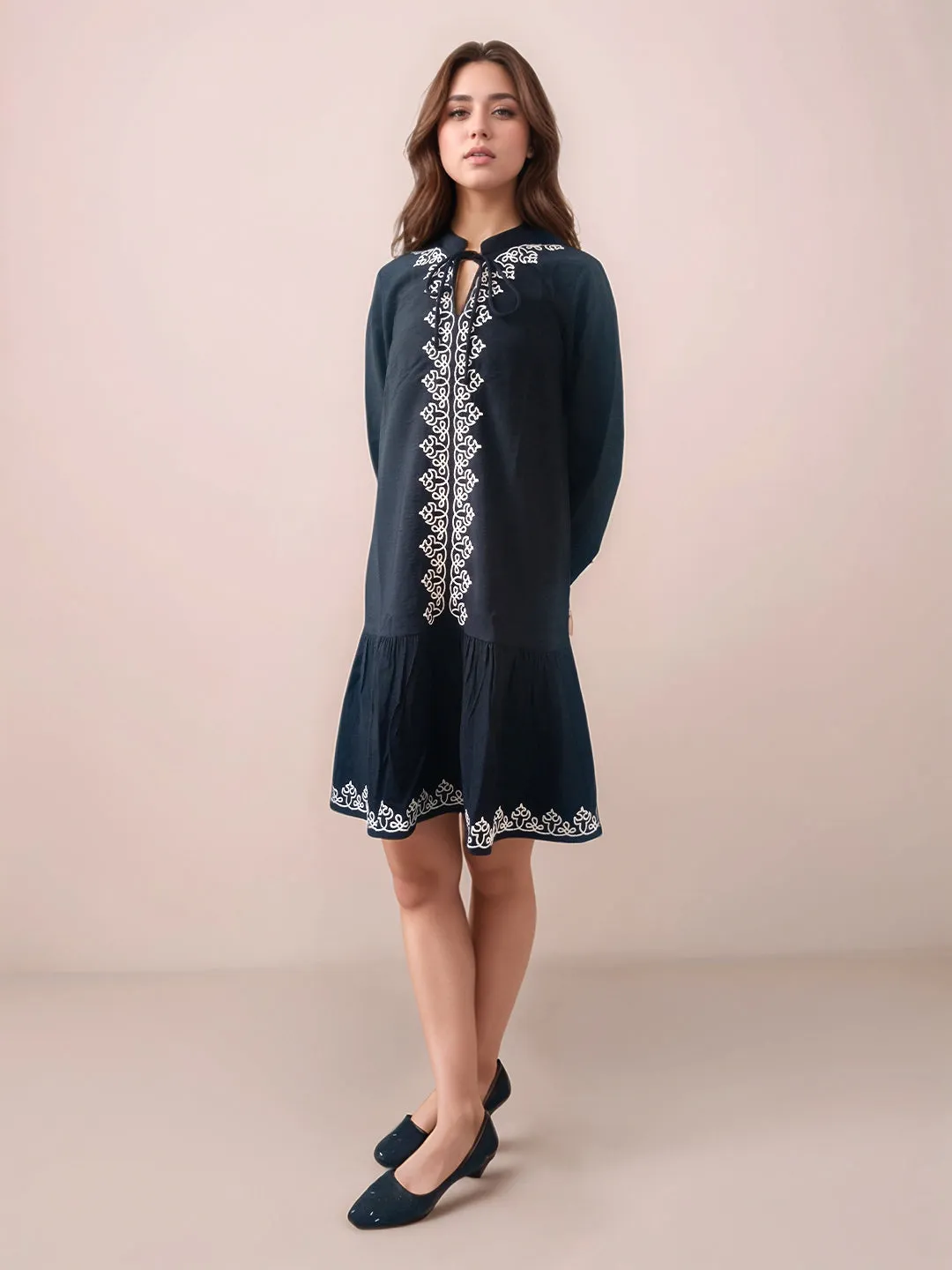 Black Embroidered Relaxed Fit Short Dress