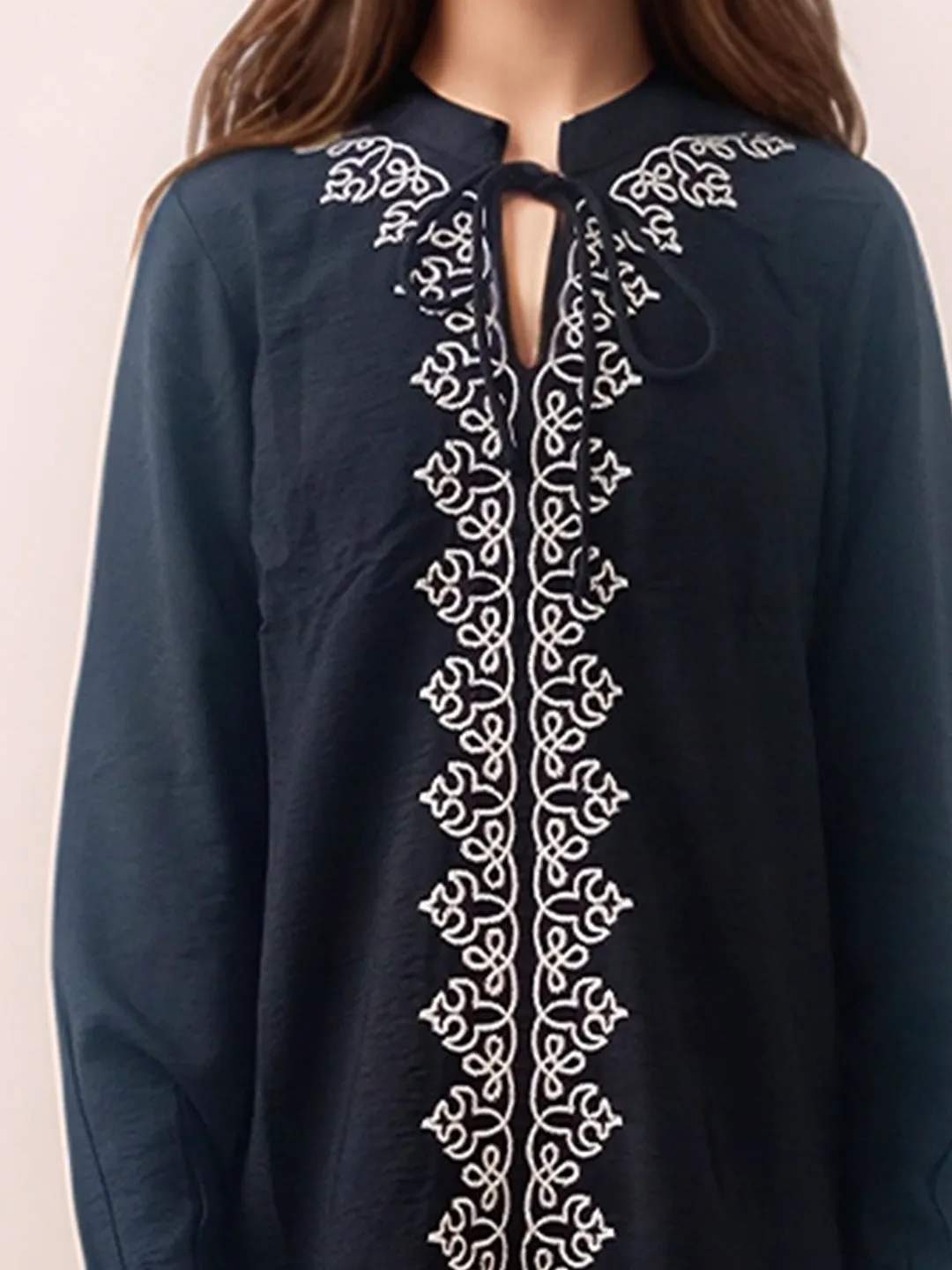 Black Embroidered Relaxed Fit Short Dress