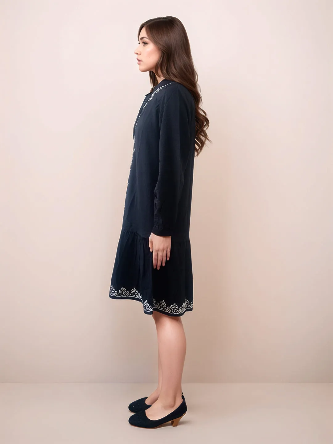 Black Embroidered Relaxed Fit Short Dress
