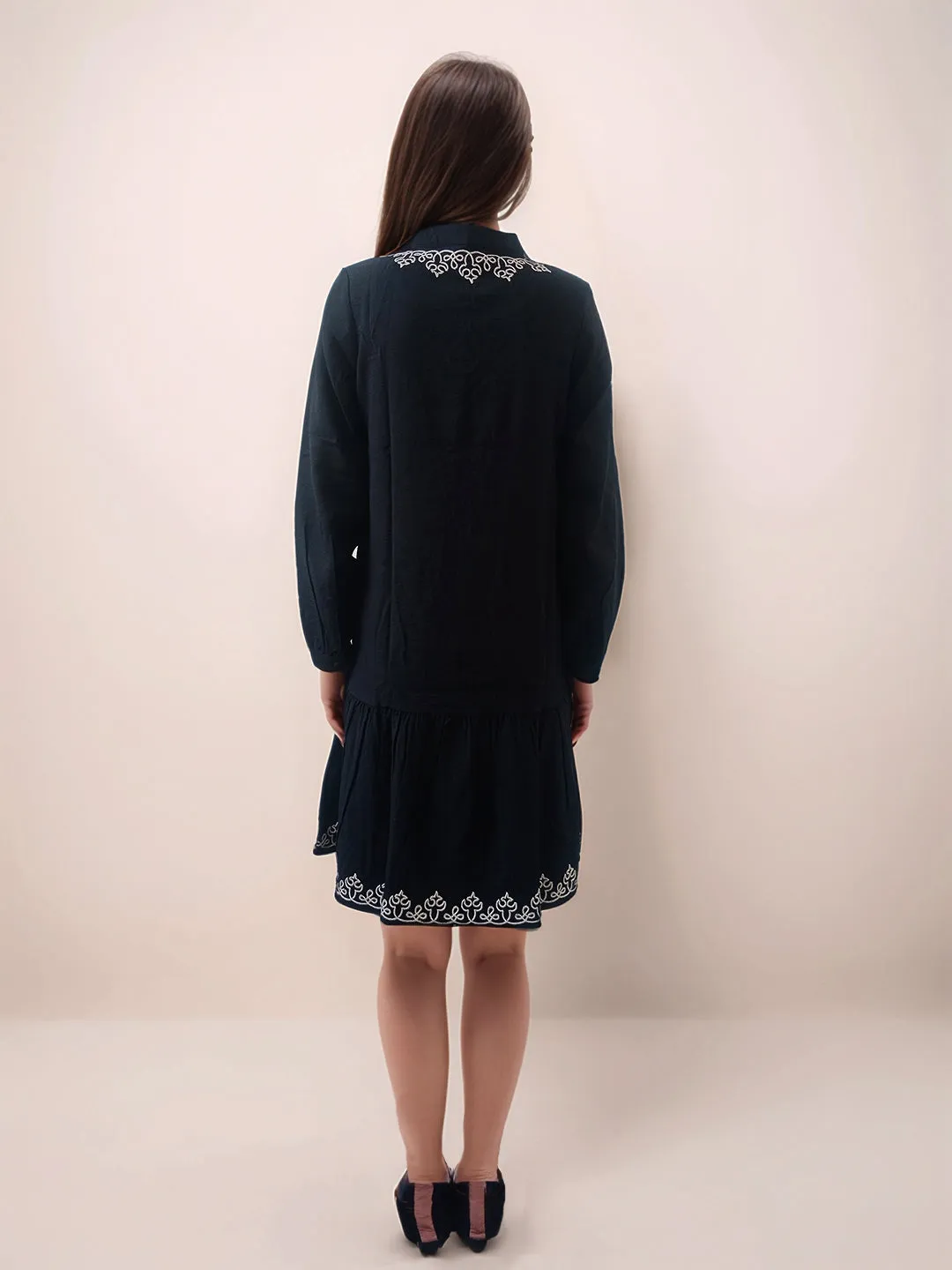 Black Embroidered Relaxed Fit Short Dress