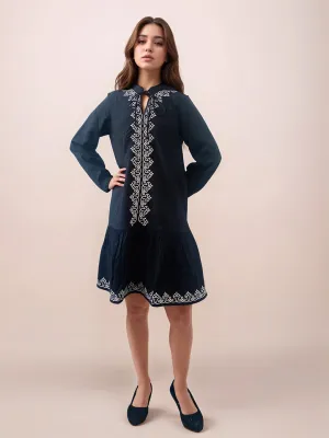 Black Embroidered Relaxed Fit Short Dress