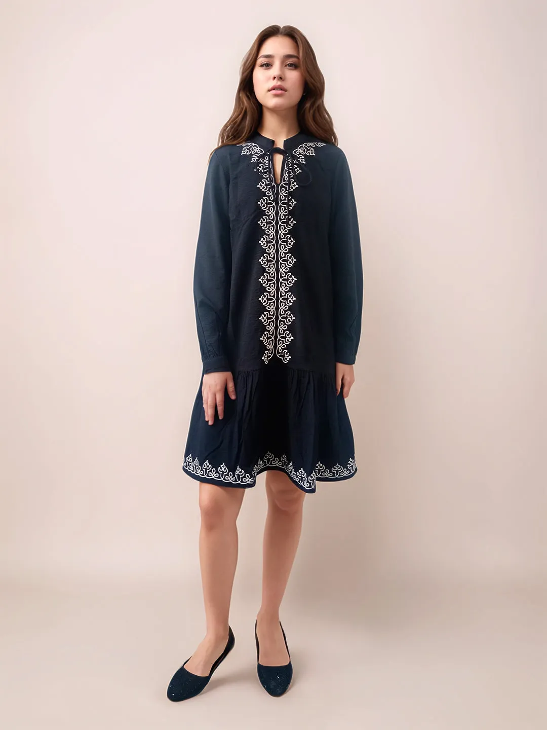 Black Embroidered Relaxed Fit Short Dress