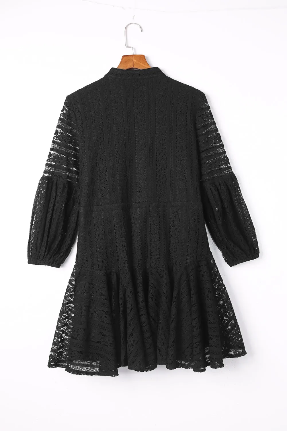 Black Lace Crochet Drawstring High Waist V Neck Mini Dress