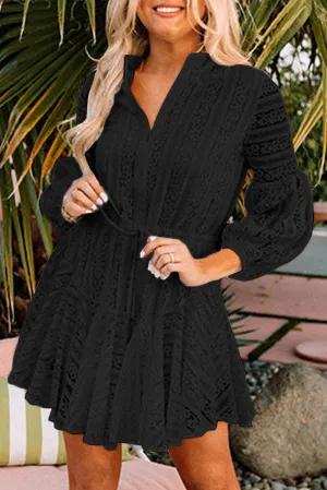 Black Lace Crochet Drawstring High Waist V Neck Mini Dress