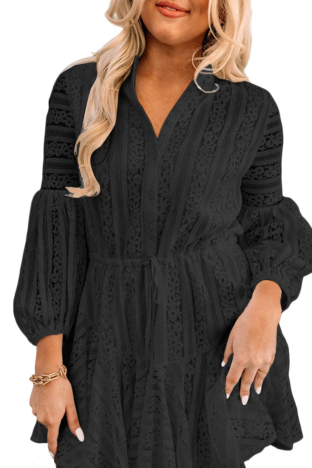 Black Lace Crochet Drawstring High Waist V Neck Mini Dress
