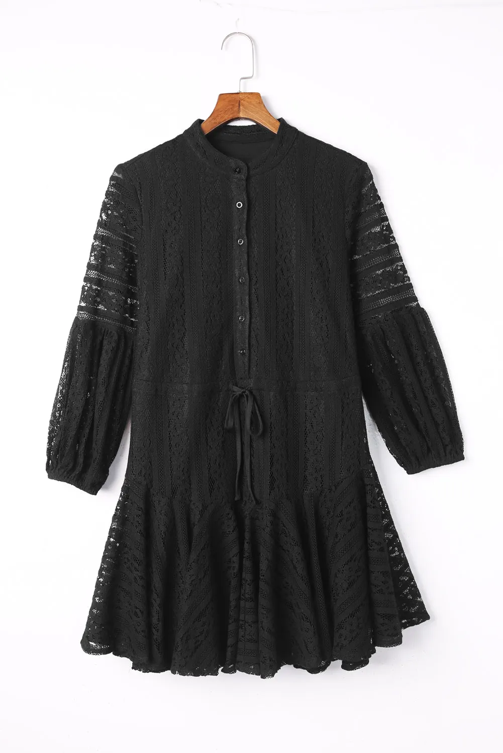 Black Lace Crochet Drawstring High Waist V Neck Mini Dress