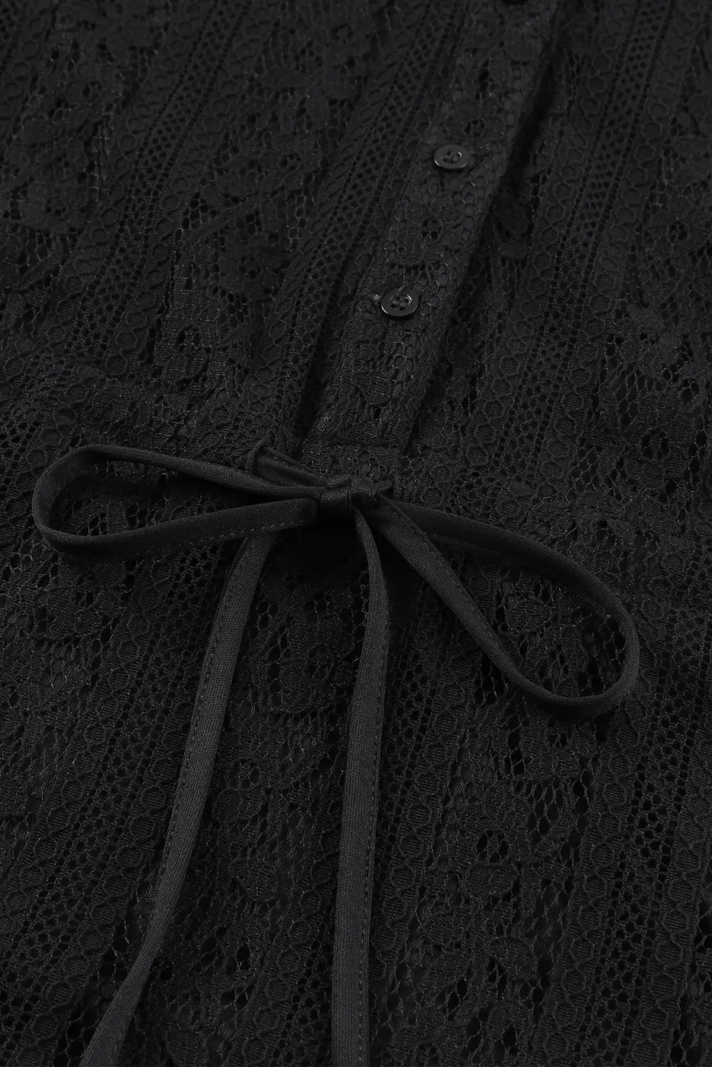 Black Lace Crochet Drawstring High Waist V Neck Mini Dress