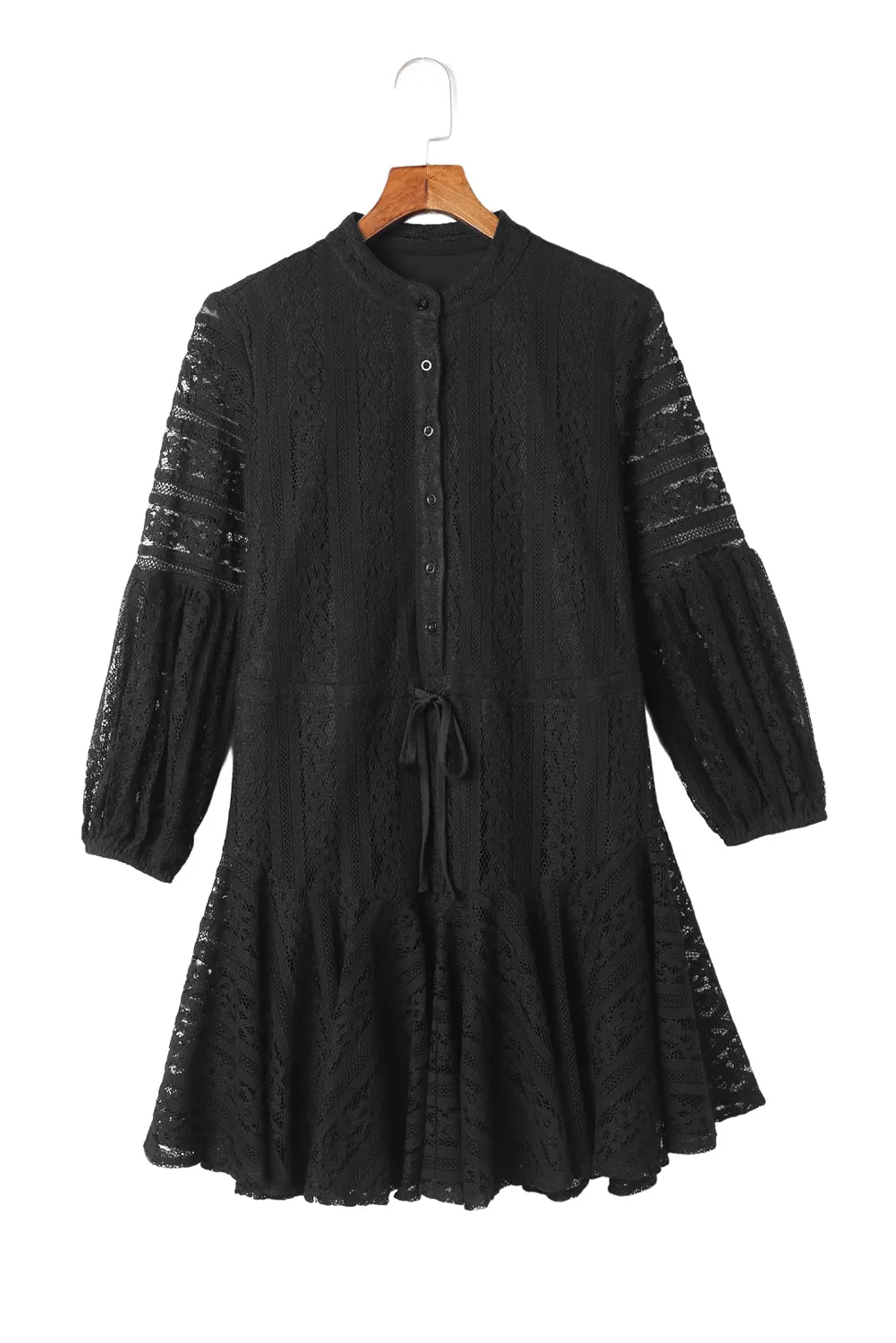 Black Lace Crochet Drawstring High Waist V Neck Mini Dress