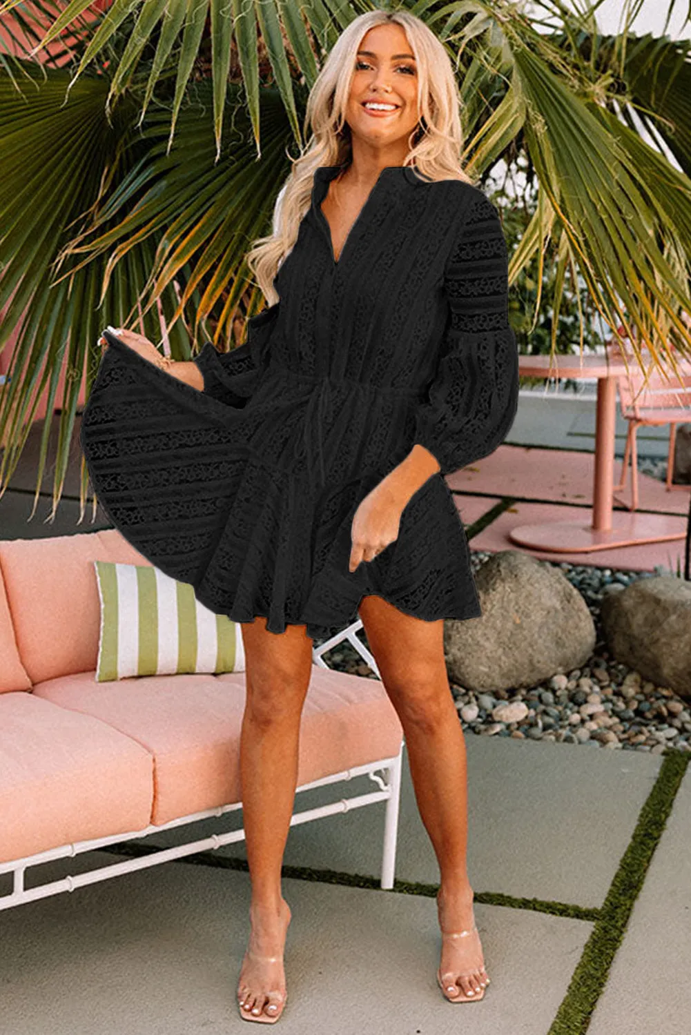 Black Lace Crochet Drawstring High Waist V Neck Mini Dress