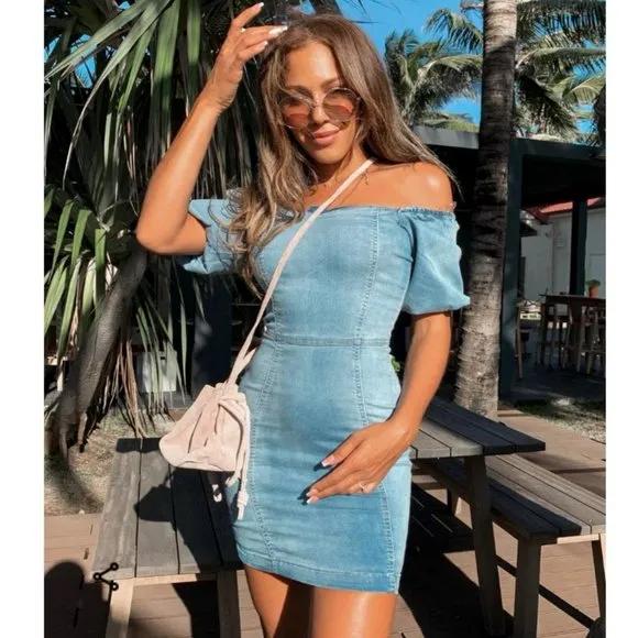 Blue Denim Jeans Short Sleeve Bodycon Mini Dress