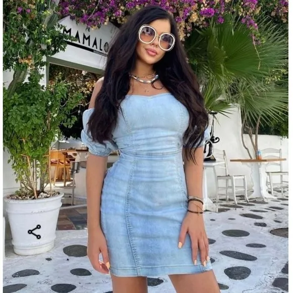 Blue Denim Jeans Short Sleeve Bodycon Mini Dress
