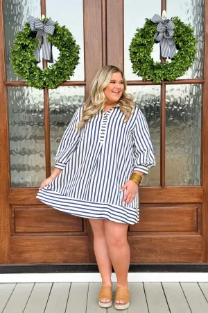 Blue Stripe Collared Button Up Dress