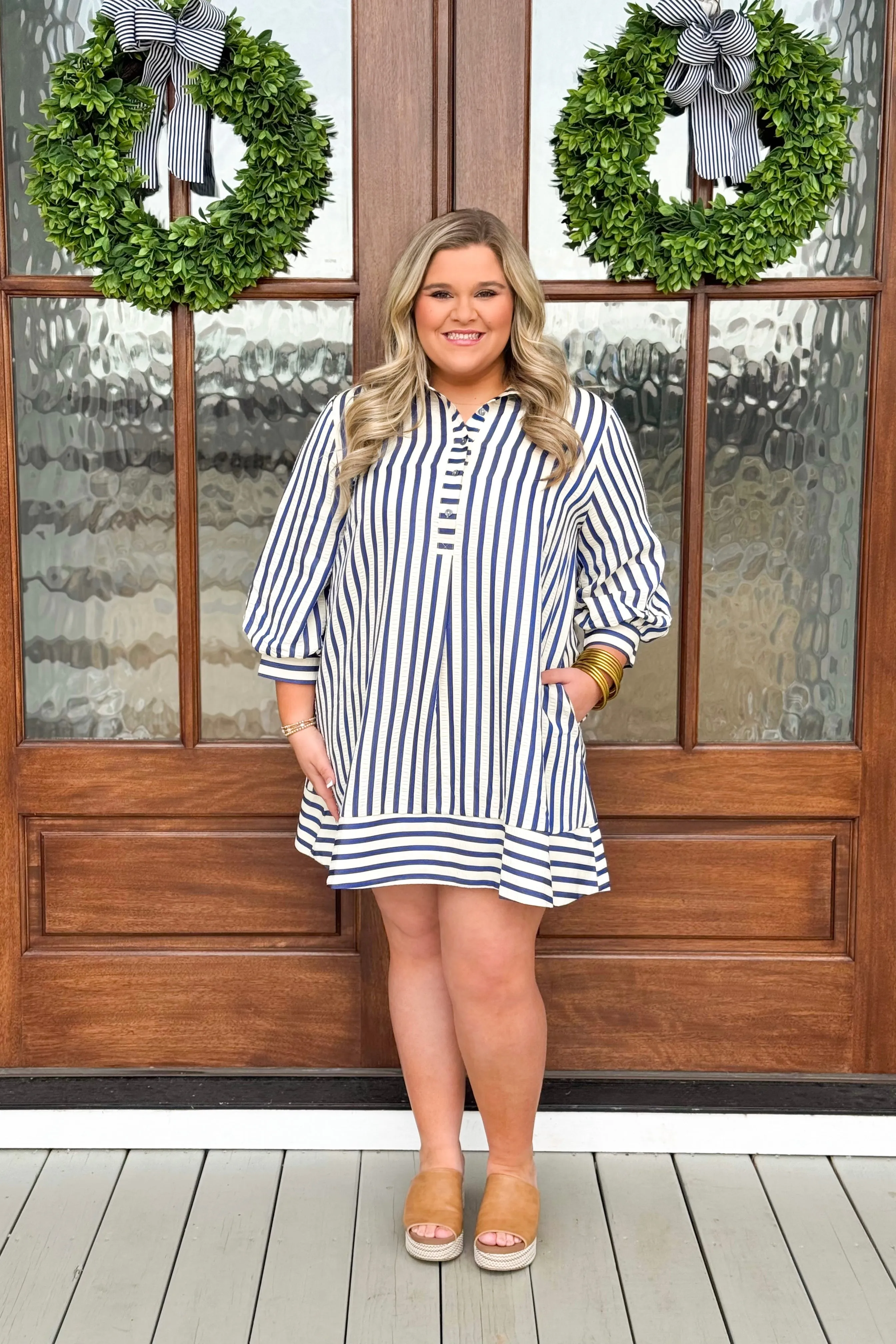 Blue Stripe Collared Button Up Dress