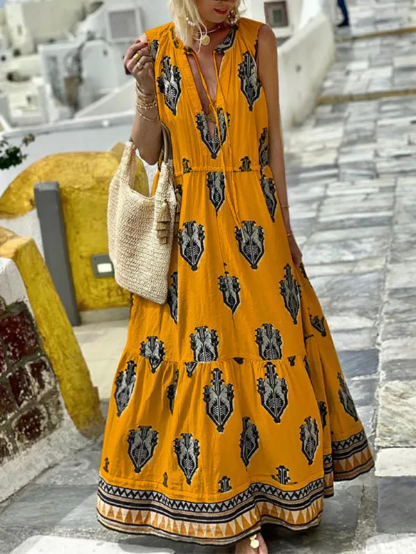 Bohemian Maxi Dress with Geometric Print and Tiered Skirt