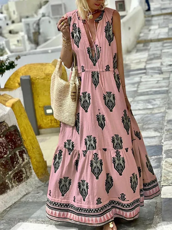 Bohemian Maxi Dress with Geometric Print and Tiered Skirt