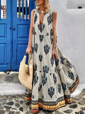 Bohemian Maxi Dress with Geometric Print and Tiered Skirt