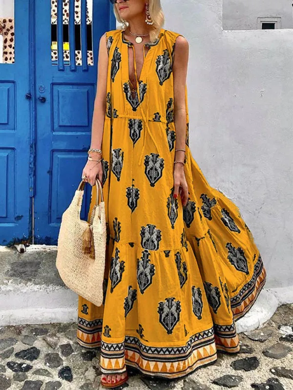 Bohemian Maxi Dress with Geometric Print and Tiered Skirt