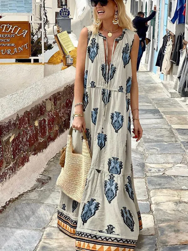 Bohemian Maxi Dress with Geometric Print and Tiered Skirt