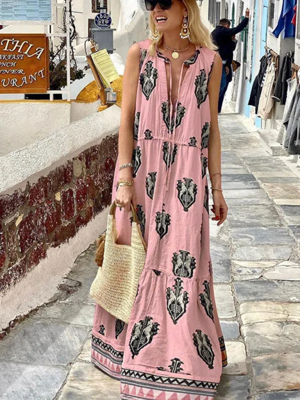 Bohemian Maxi Dress with Geometric Print and Tiered Skirt