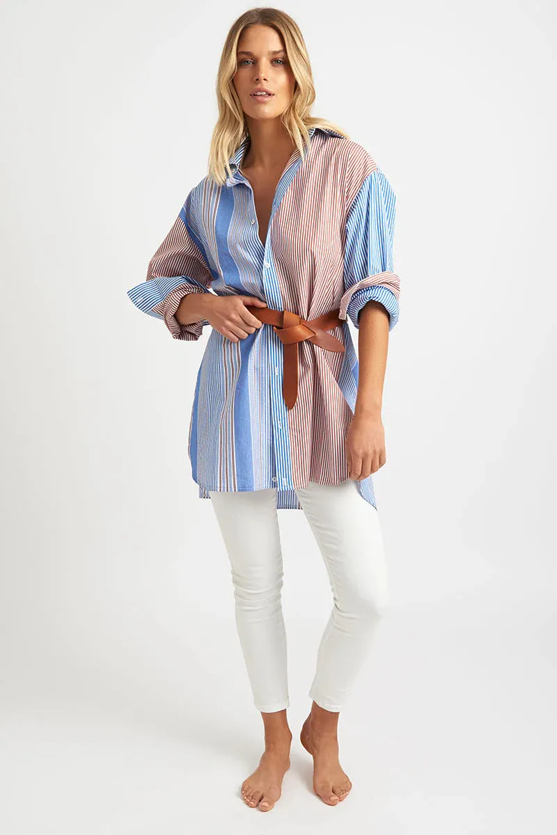 Boyfriend Oversized Blue & Tan Combo Shirt