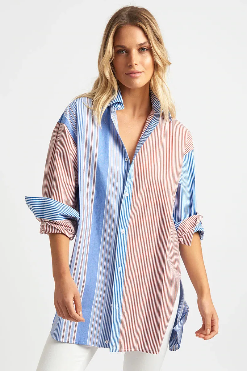 Boyfriend Oversized Blue & Tan Combo Shirt