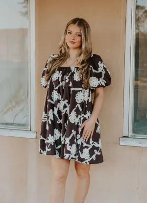 Brown Maddy Mini Dress w/Floral Embroidery S1449D-3