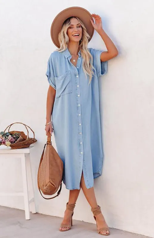 Button-Down Midi Dress with Short Sleeves and Chest Pocket