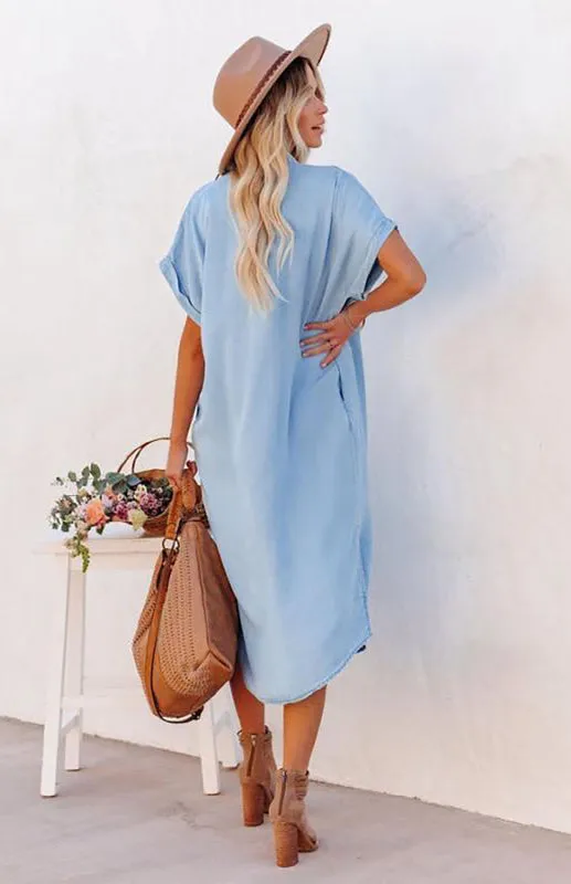 Button-Down Midi Dress with Short Sleeves and Chest Pocket