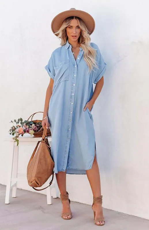 Button-Down Midi Dress with Short Sleeves and Chest Pocket