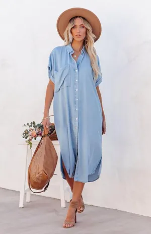 Button-Down Midi Dress with Short Sleeves and Chest Pocket