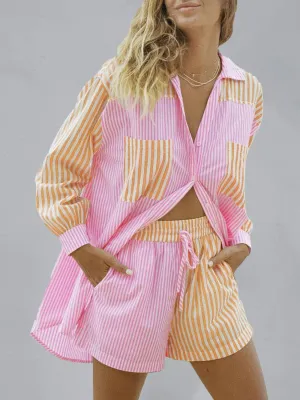 Coastal Stripe Shirt Matching Drawstring Shorts