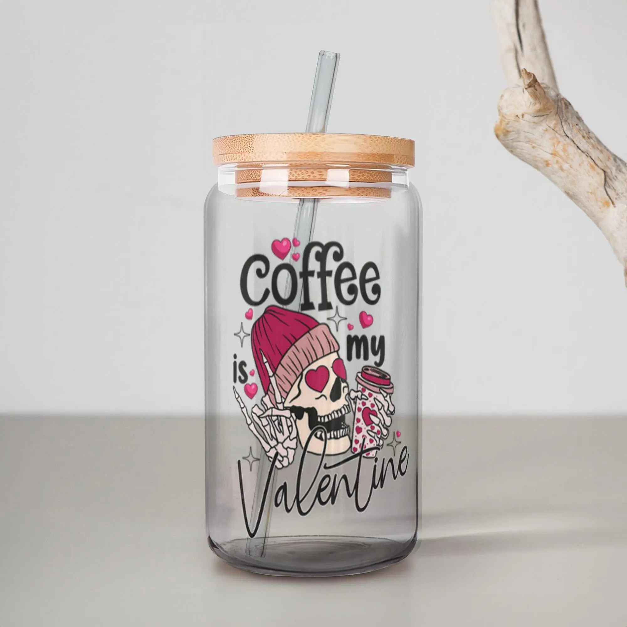 Coffee is My Valentine Iced Coffee Glass, Galentine's Day Gift, BFF Gift, Skulls, Skeleton Glass, Can Shaped Glass, Trendy Glass Cup