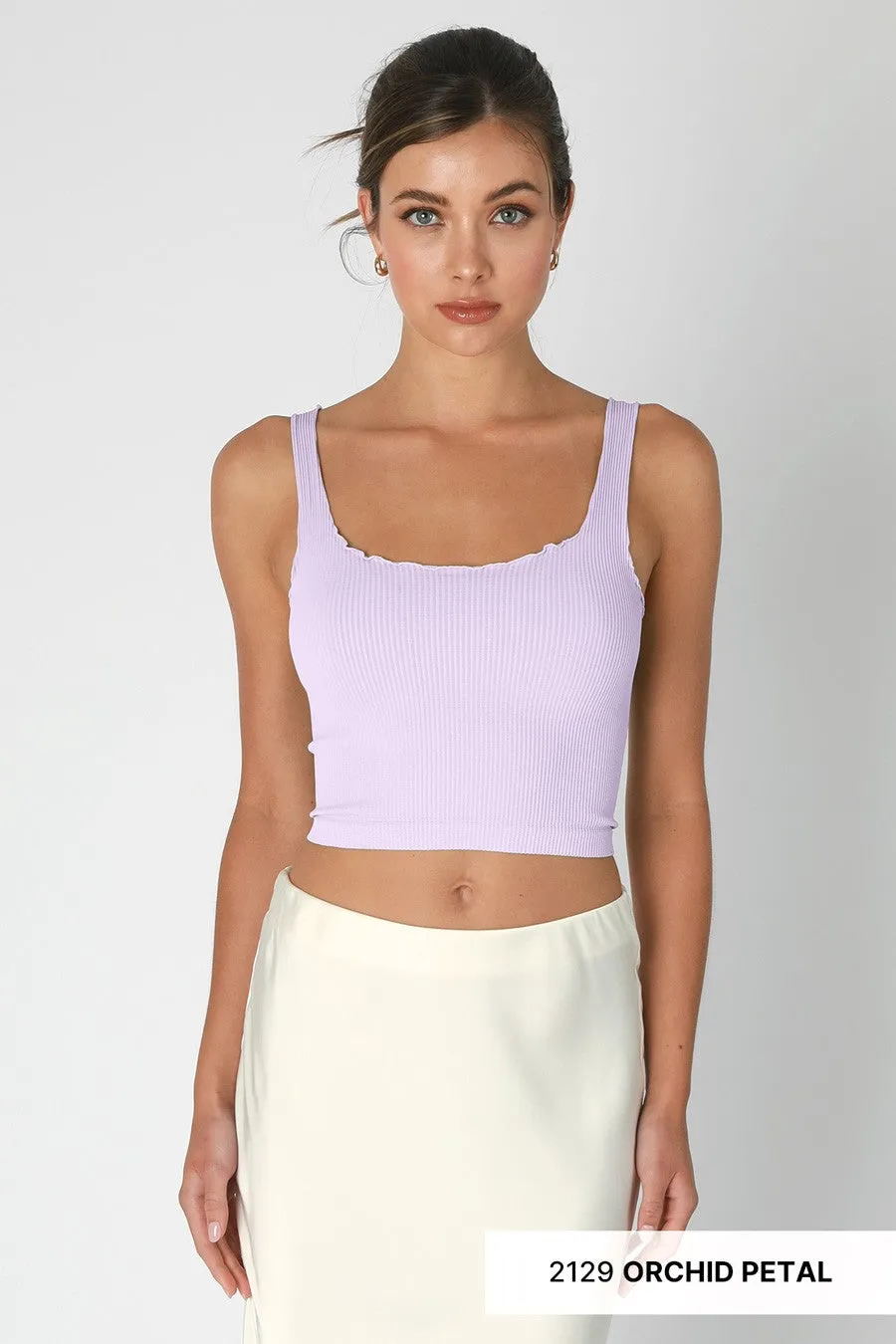 Cropped Ribbed Knit Crop Top with Square Neckline &amp; Lettuce Edge