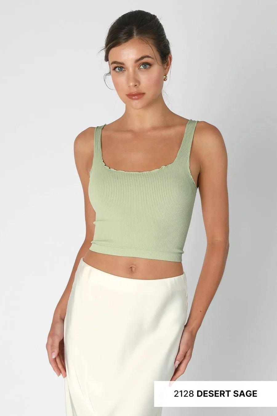 Cropped Ribbed Knit Crop Top with Square Neckline &amp; Lettuce Edge