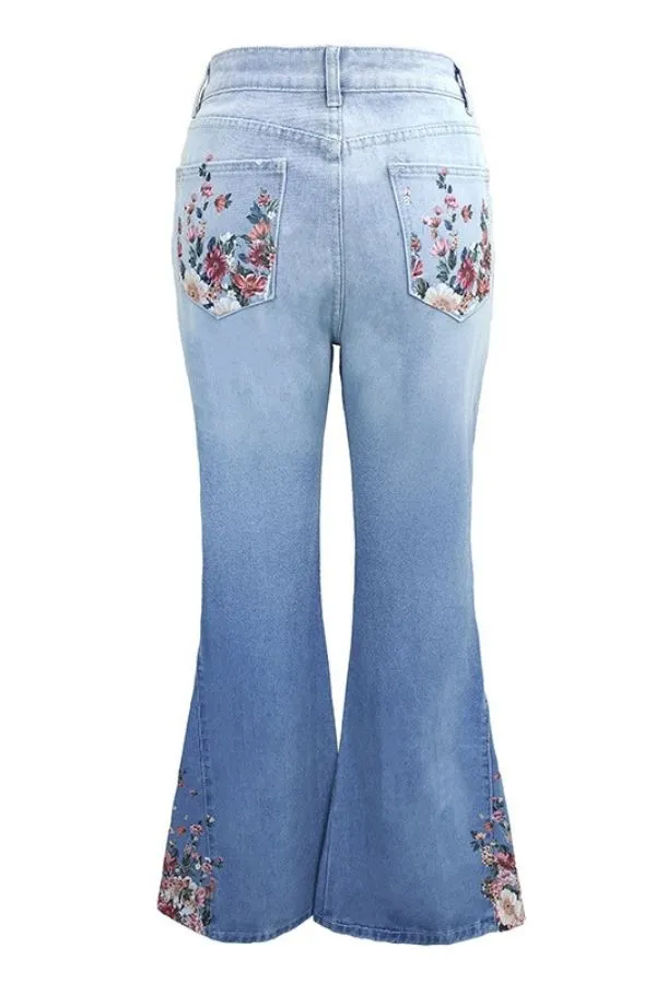 Denim Wide Leg Floral Printed Jeans